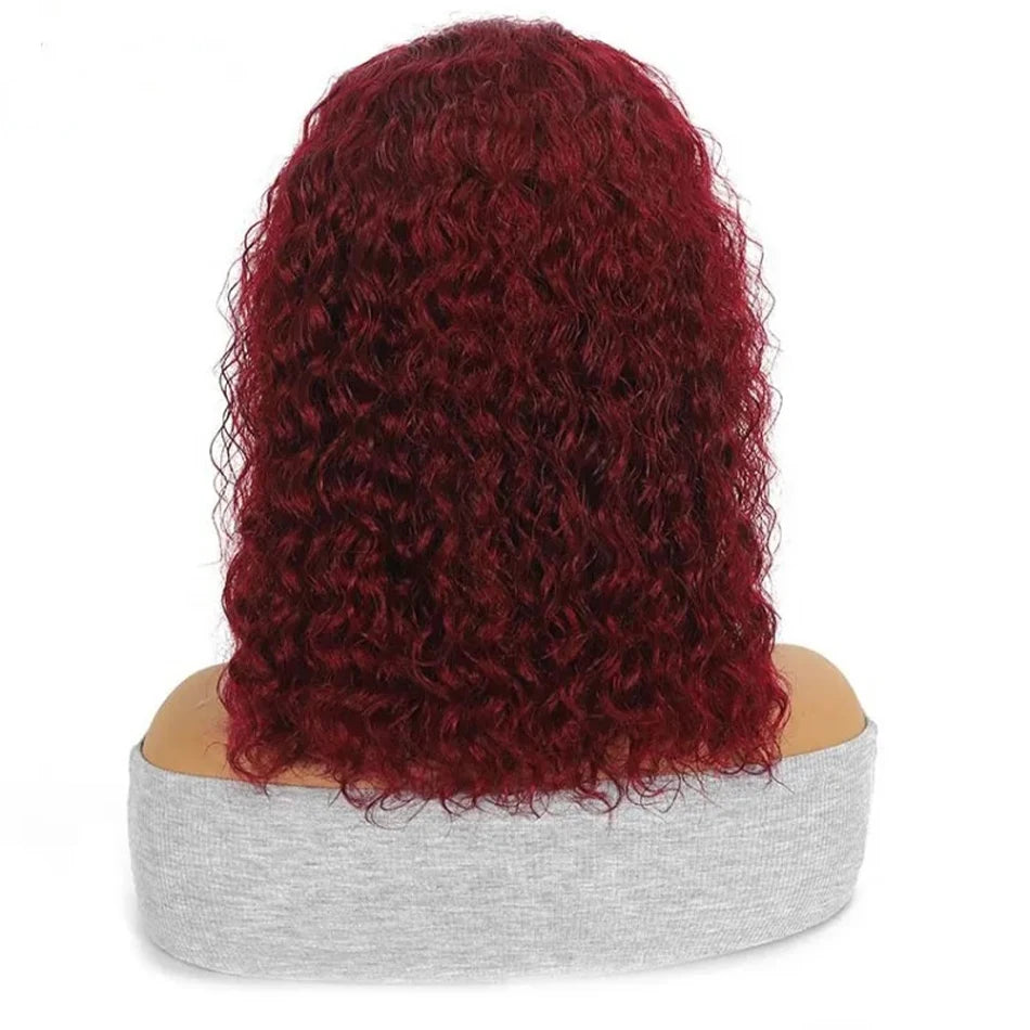Back view of a shoulder-length burgundy water wave wig, showing the curl pattern and rounded shape.