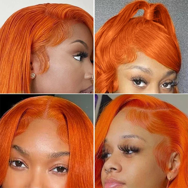 Four-photo collage of ginger wig styles, showing side and center parts, a half-up ponytail and sculpted baby hairs.