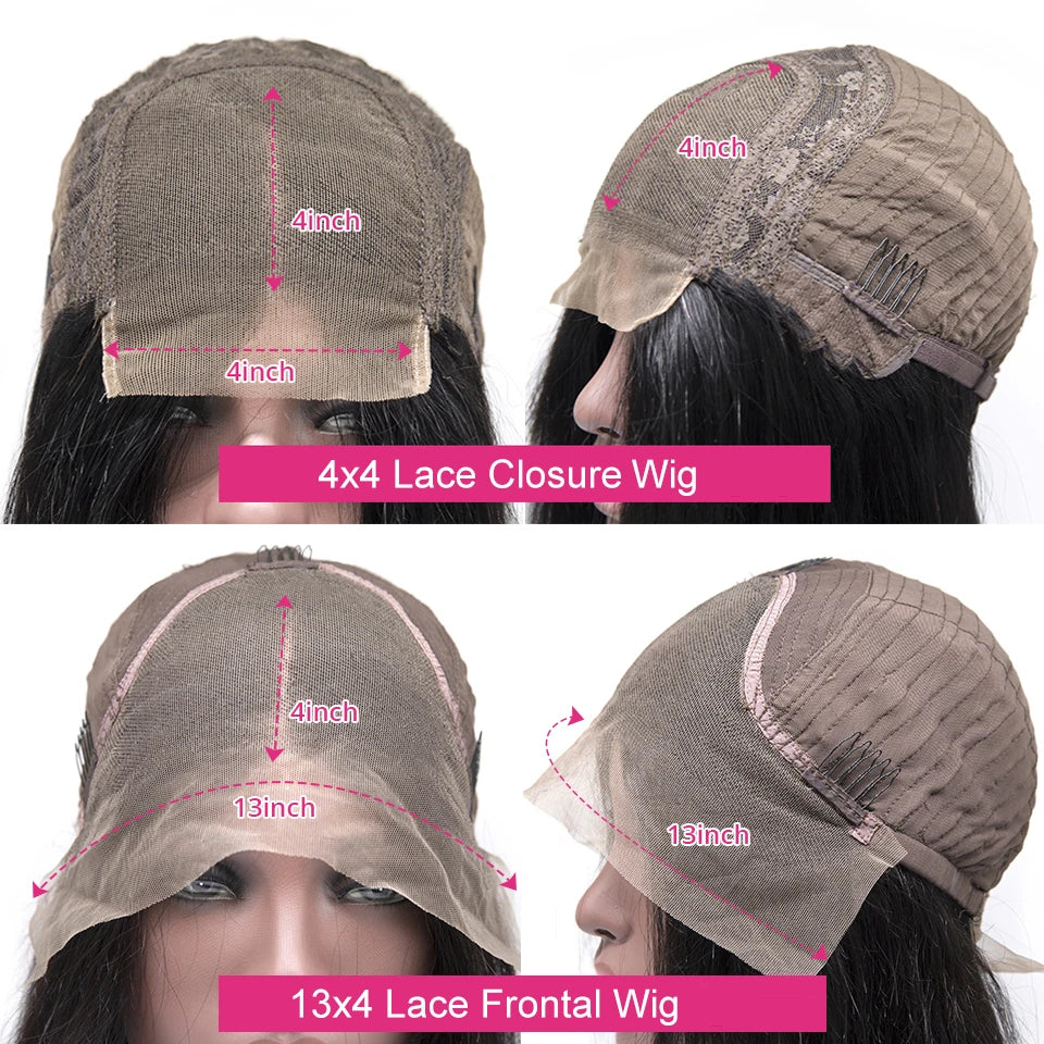 Front and side cap views comparing 4-by-4-inch lace closure and 13-by-4-inch lace frontal coverage.