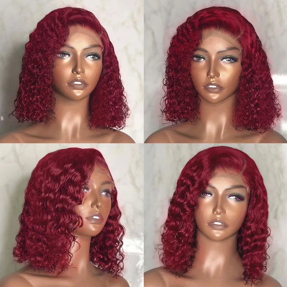 Four views of a burgundy water wave bob wig on a mannequin, showing a side part and shoulder-length curls.