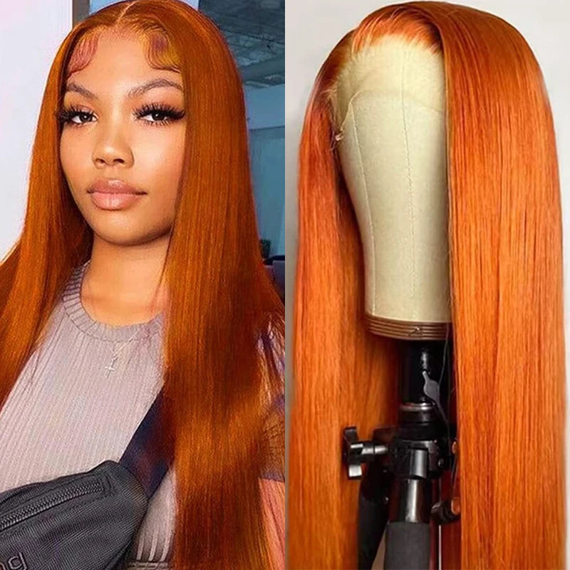 Long ginger straight wig shown on a model and canvas stand, with a center part and smooth, sleek strands.