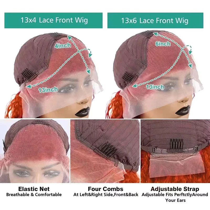 Comparison of 13-by-4-inch and 13-by-6-inch lace-front caps, with close-ups of elastic mesh, four combs and an adjustable strap.