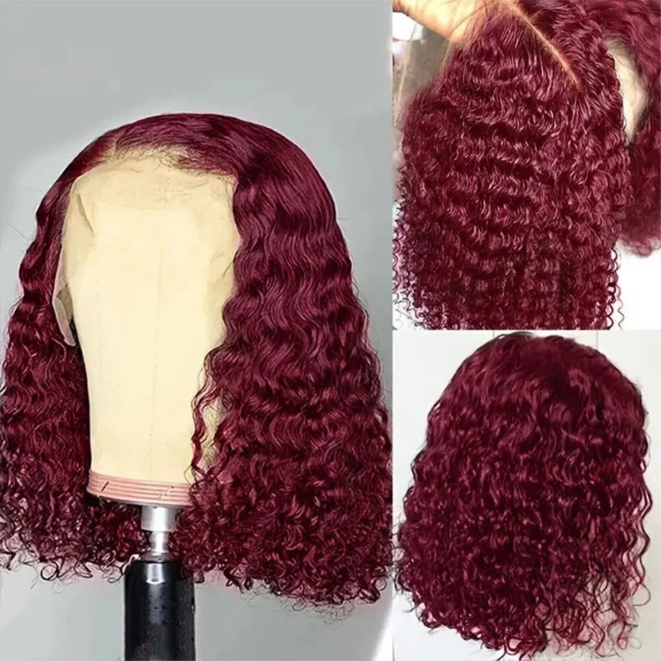 Burgundy water wave bob wig on a canvas stand, with close-ups of the center part, lace-front hairline and curls.
