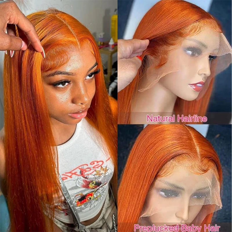 Model wearing a ginger straight wig, alongside mannequin close-ups showing the center part, baby hairs and untrimmed lace.