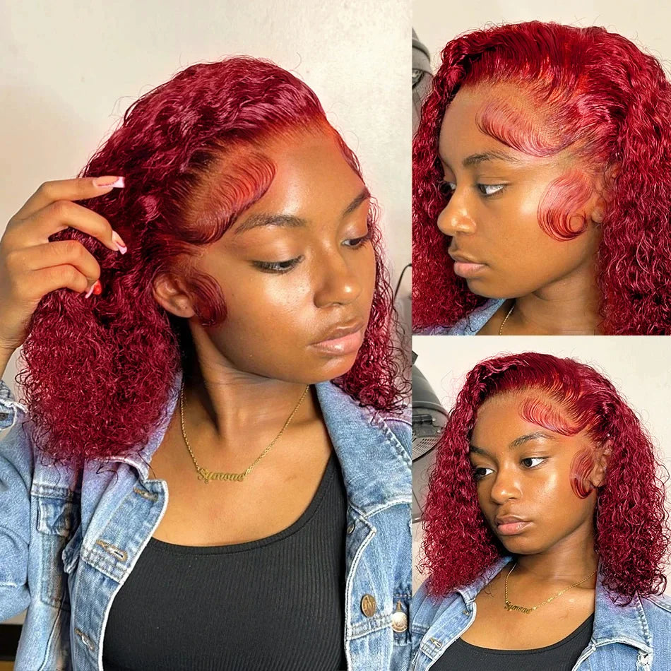 Three views of a model wearing a burgundy curly bob with swept-back hair and sculpted baby hairs.