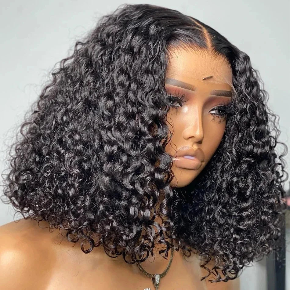Black deep wave bob wig on a mannequin, showing a center part, defined curls and untrimmed lace across the forehead.