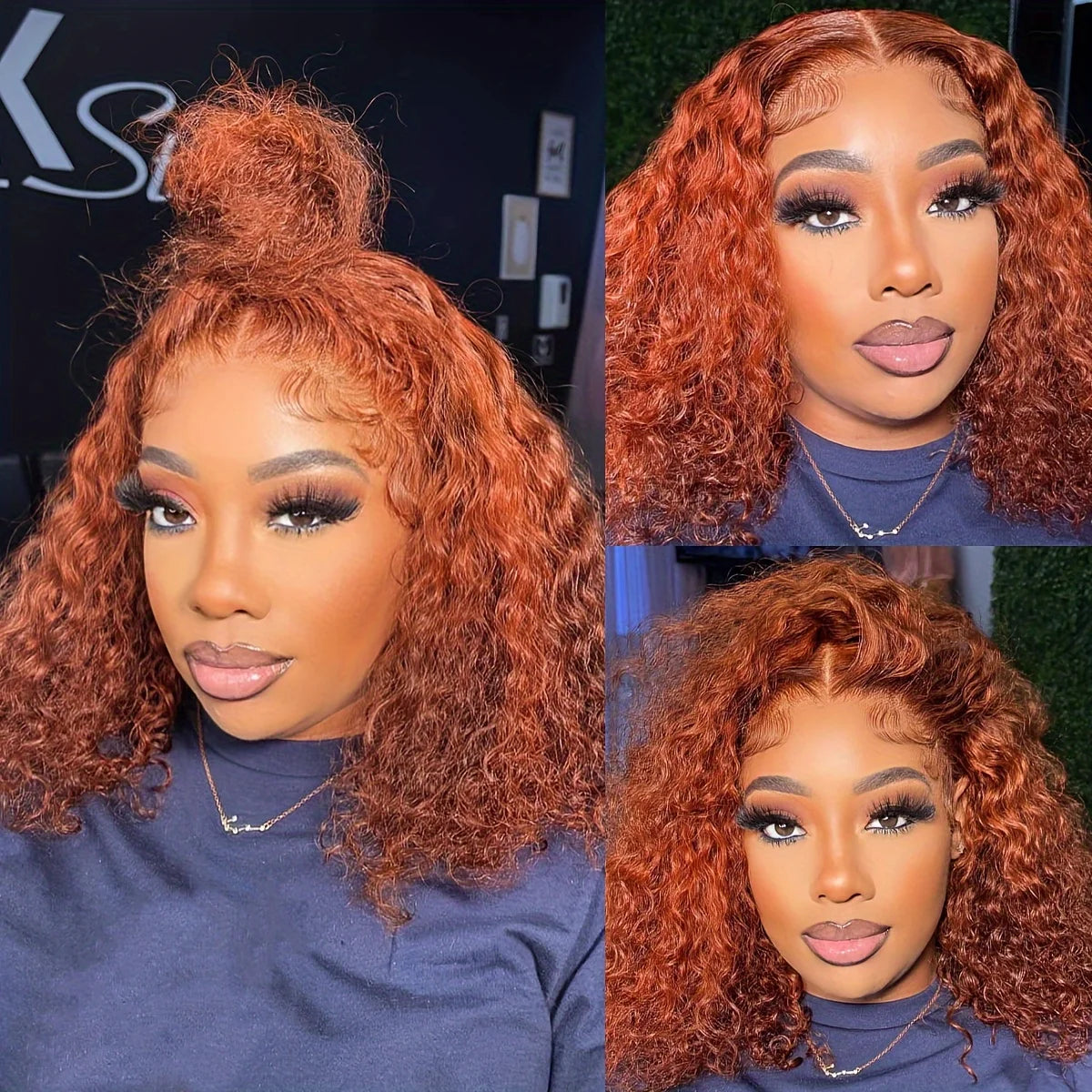 Model wearing a ginger curly bob wig in three styles: half-up top bun, center part and voluminous side part.