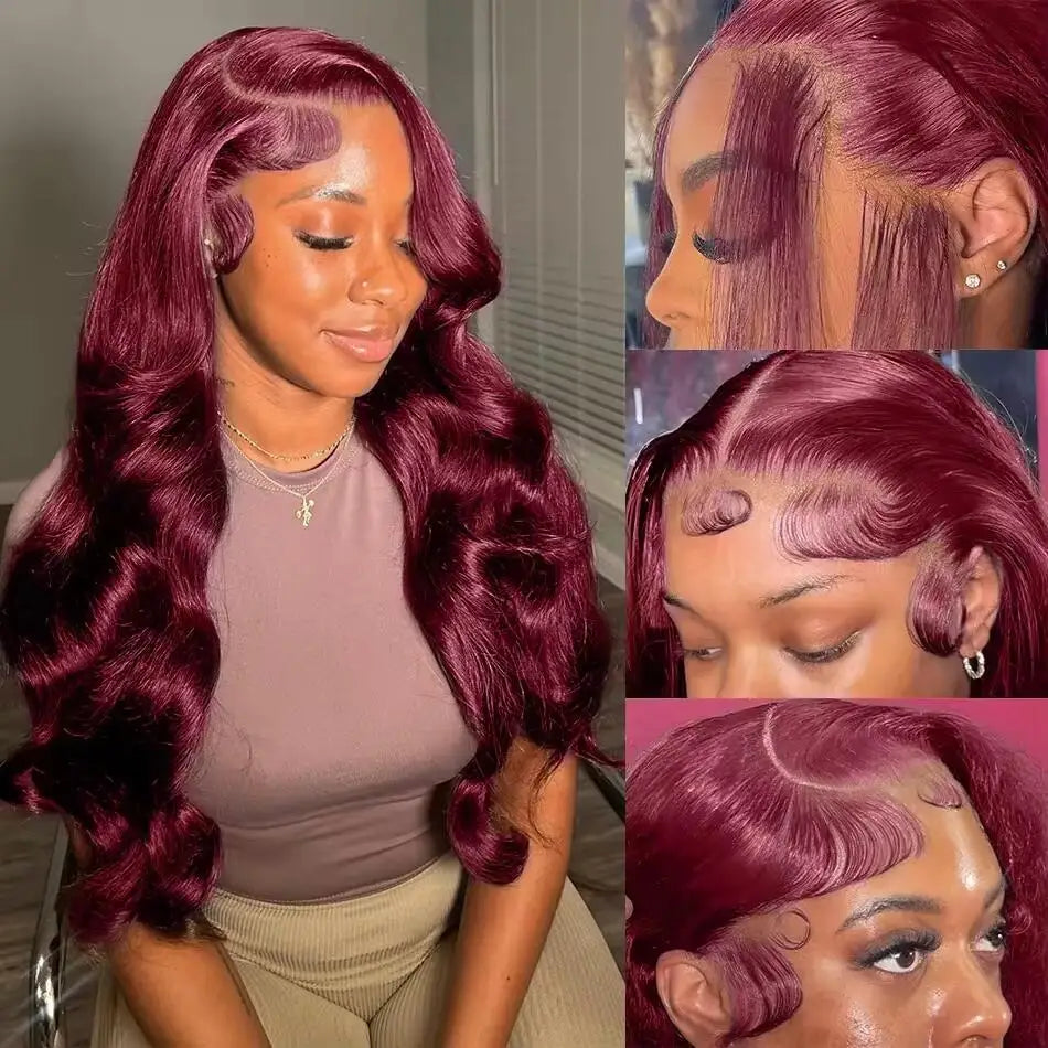 A collage of images showing a burgundy body wave lace front wig on a mannequin head, with close-up shots highlighting the wig's texture and pre-plucked front. Includes a baby hair around the front and a preview of the wig's fit.