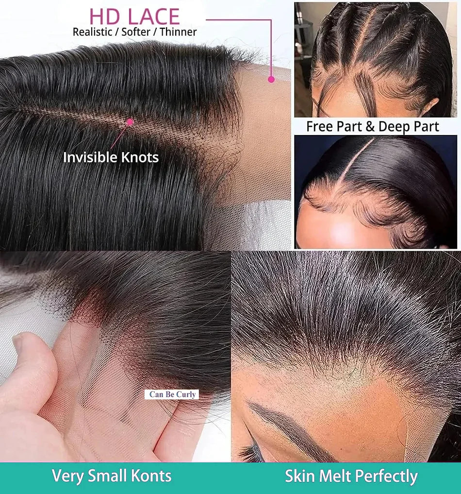 Close-up collage of the wig’s sheer lace, small knots, hairline and center and braided parting styles.