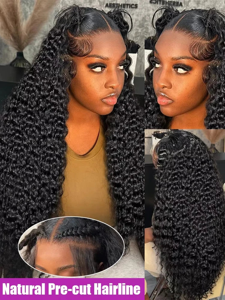 Collage of a long black deep wave wig styled with two half-up buns, showing front, back and hairline close-up views.
