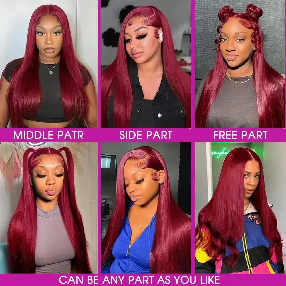 Six-photo collage of burgundy wig styles, including center and side parts, half-up buns, ponytails and curled ends.