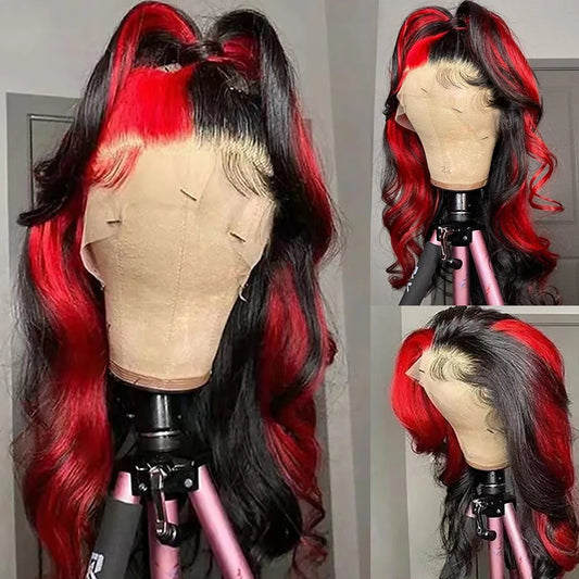 Body Wave Lace Frontal Wig Ombre Red Streak 180% Density