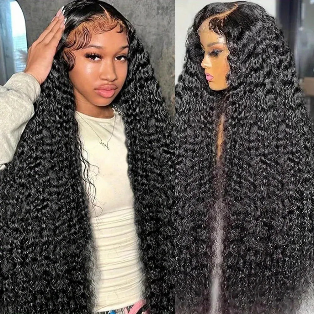 Long black deep wave wig shown on a model and mannequin, with defined waves, a side part and styled baby hairs.