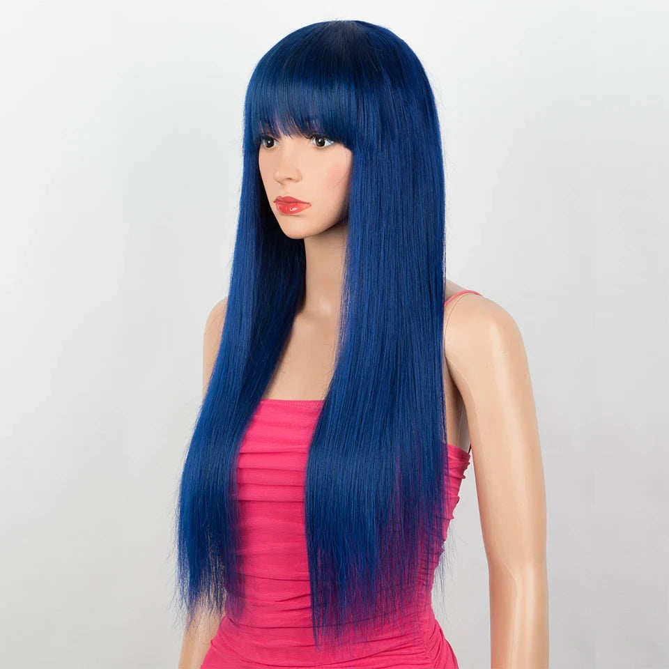 Straight Brazilian Human Hair Wig With Bangs - Royal Blue