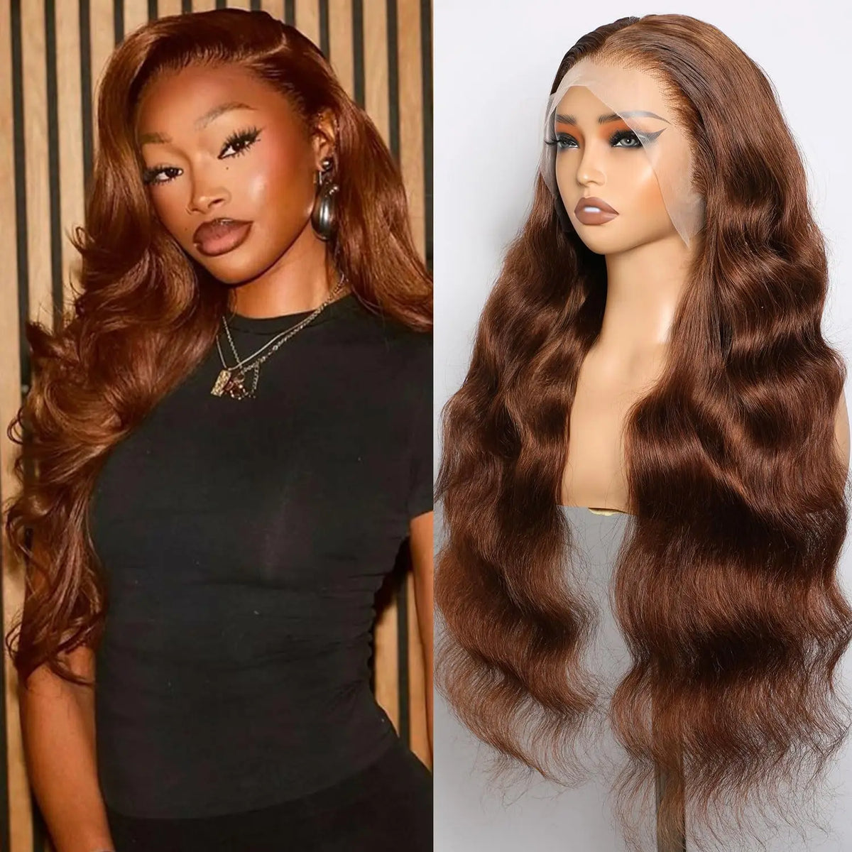 Model wearing Ginger Body Wave Wig styled on the left, and a mannequin wearing the wig on the right.