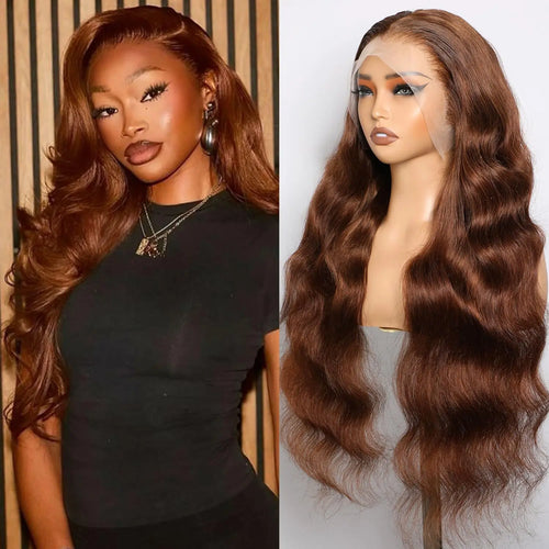 Model wearing Ginger Body Wave Wig styled on the left, and a mannequin wearing the wig on the right.