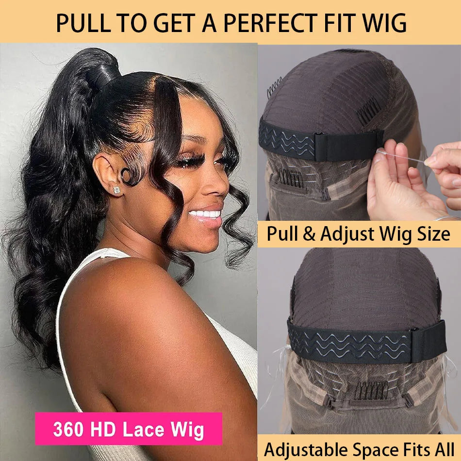 Model wearing a black wavy high ponytail, alongside close-ups showing the wig cap’s adjustable drawstring and elastic band.