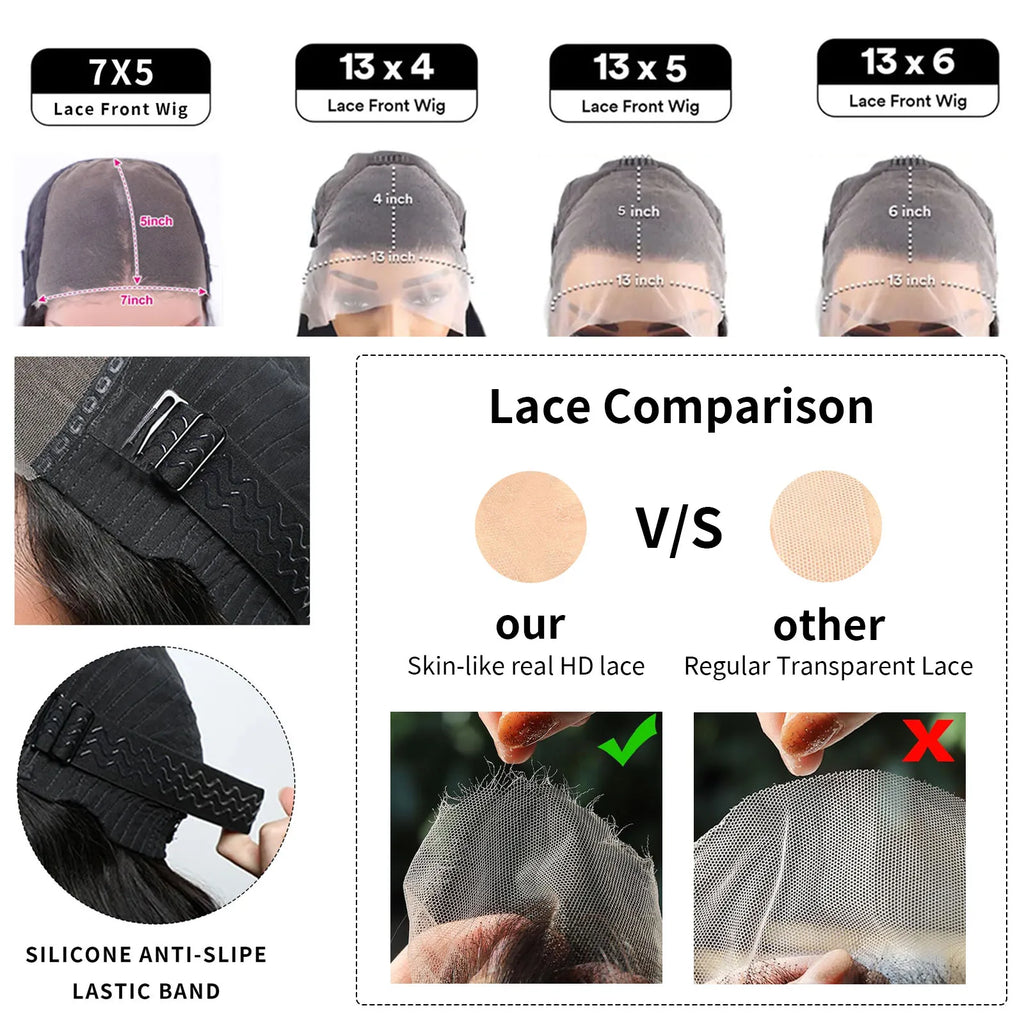 Diagram comparing 7-by-5, 13-by-4, 13-by-5 and 13-by-6-inch lace coverage, HD and transparent lace, and an anti-slip band.
