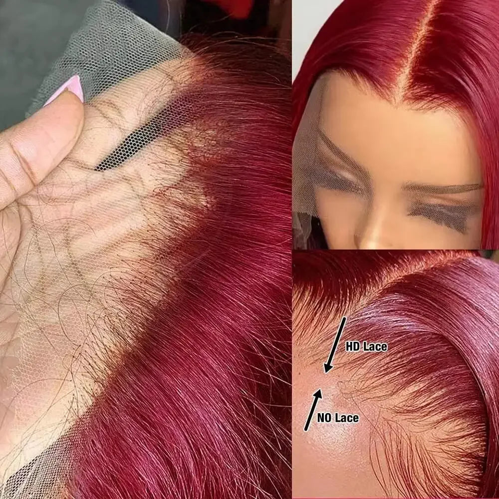 Close-ups of burgundy hair attached to sheer lace, showing the center part, untrimmed lace and lace edge against skin.