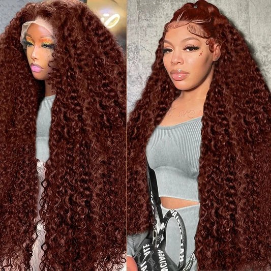 200% Density Reddish Brown Water Wave Lace Front Wig