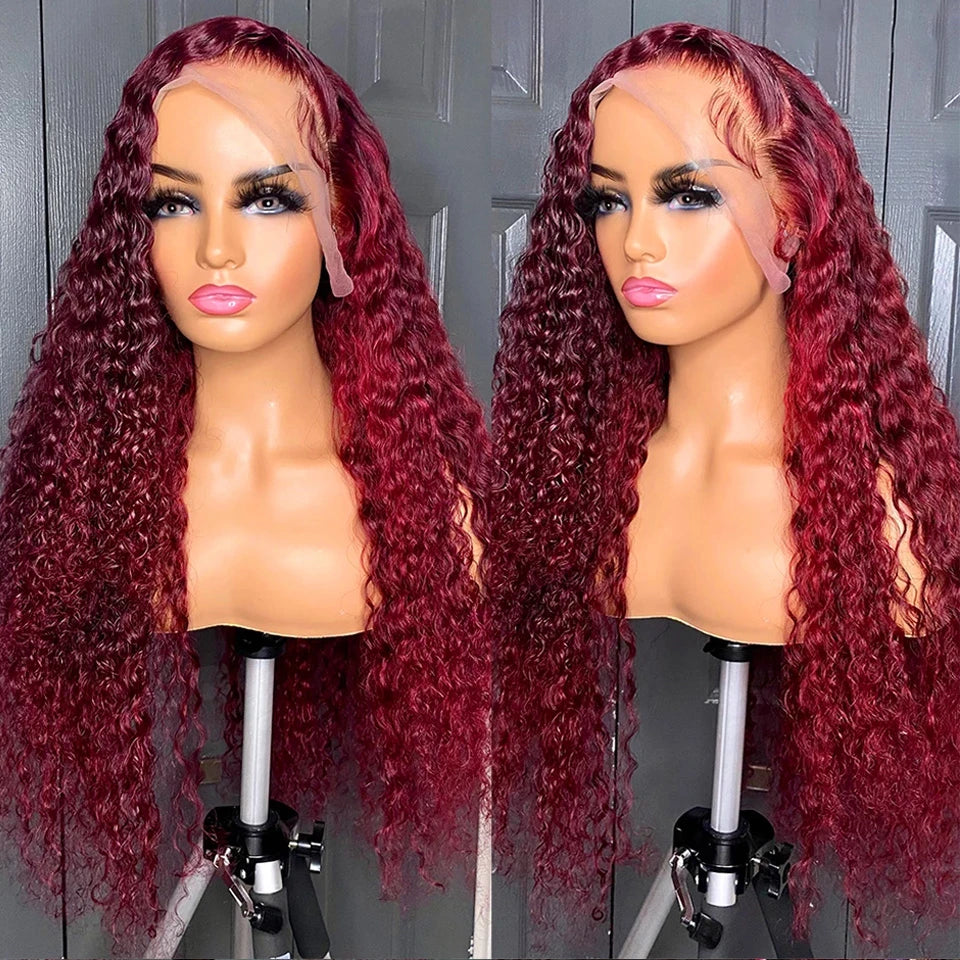 Front and angled views of a burgundy water wave wig on a mannequin, showing defined curls and untrimmed lace.
