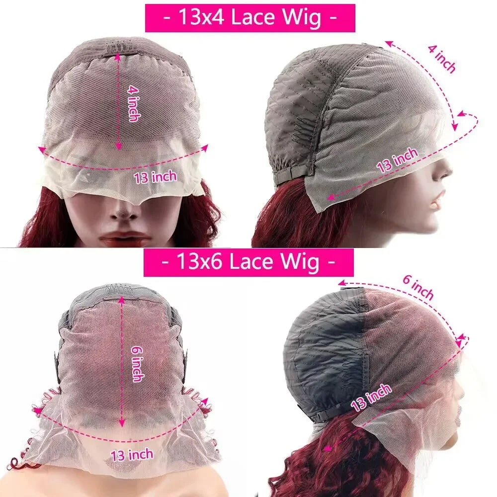Front and side cap views comparing 13-by-4-inch and 13-by-6-inch lace-front coverage.