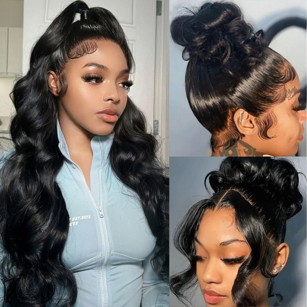 Black body wave wig styled in a half-up ponytail and high buns, showing sculpted baby hairs and face-framing curls.