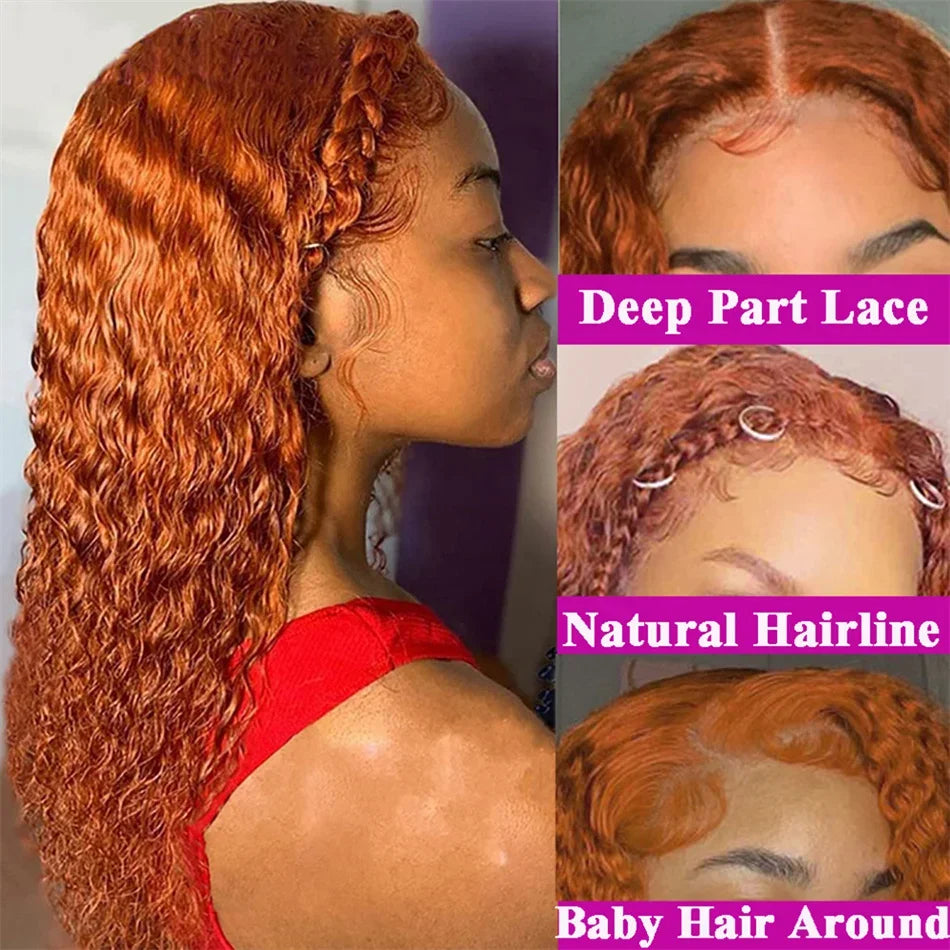 Ginger wavy wig styled with a braided headband, with close-ups of the center part, hairline and sculpted baby hairs.