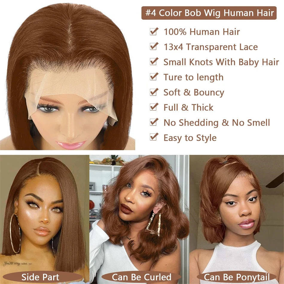 Chocolate brown lace-front bob wig with a hairline close-up and styling examples featuring a side part, curls and a half-up ponytail.