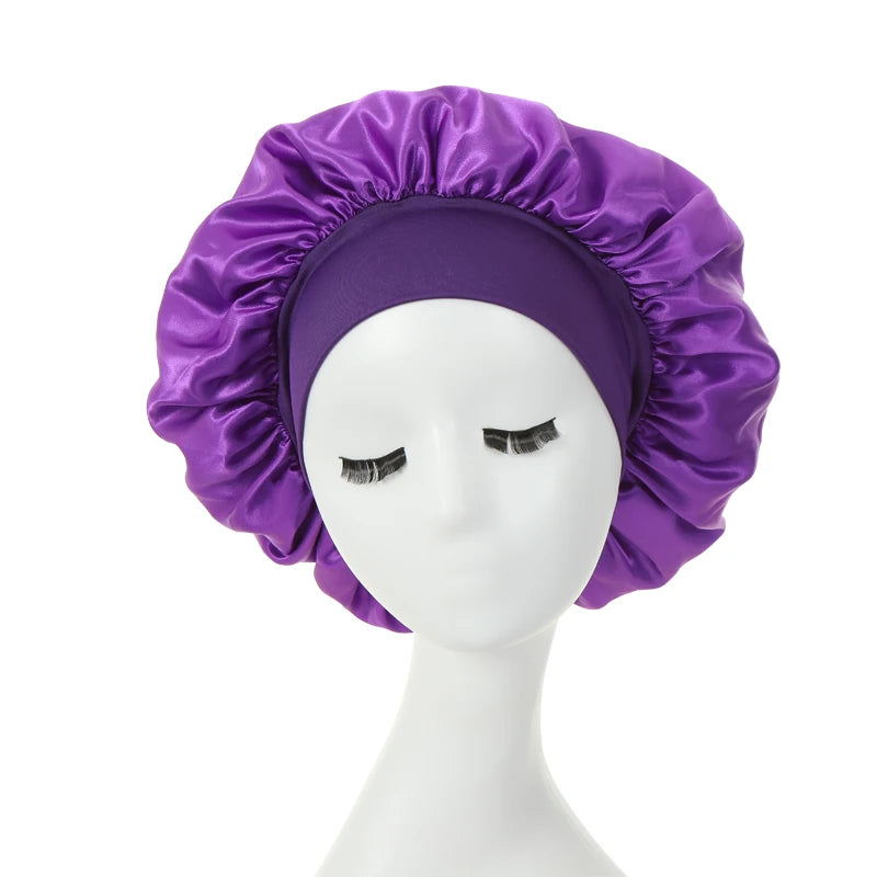 a purple silk bonnet on a mannequin 