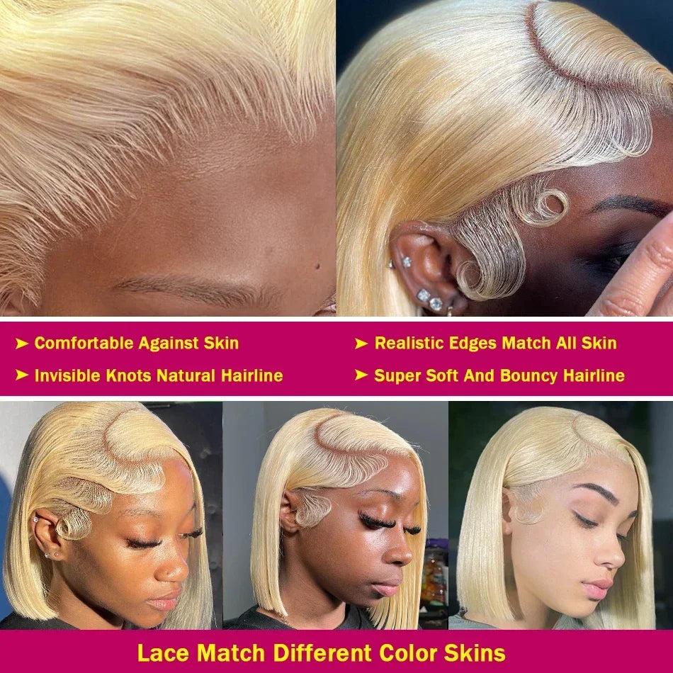 Close-ups of a blonde wig’s lace-front hairline and sculpted baby hairs, with styling examples on different skin tones.