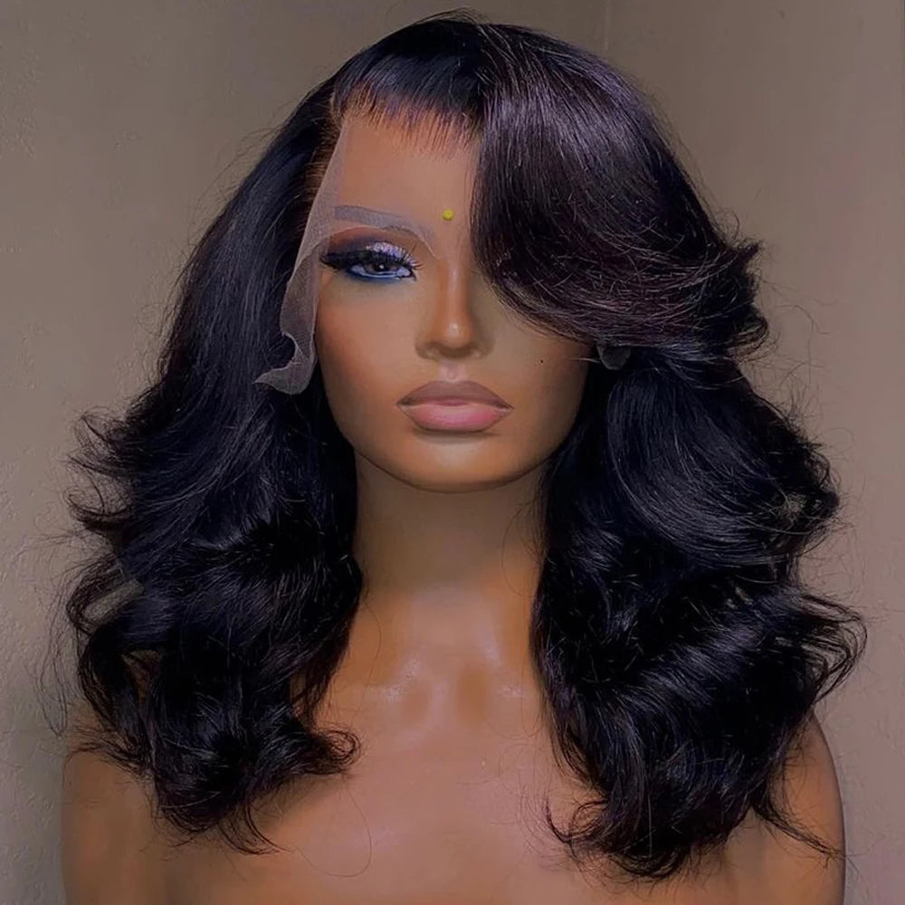 Black body wave bob on a mannequin with a deep side part, voluminous curls and untrimmed lace.