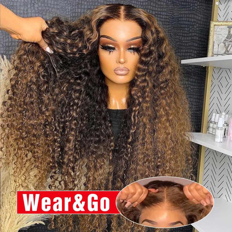 Long brown deep wave wig with honey blonde highlights on a mannequin, showing a center part and voluminous curls.