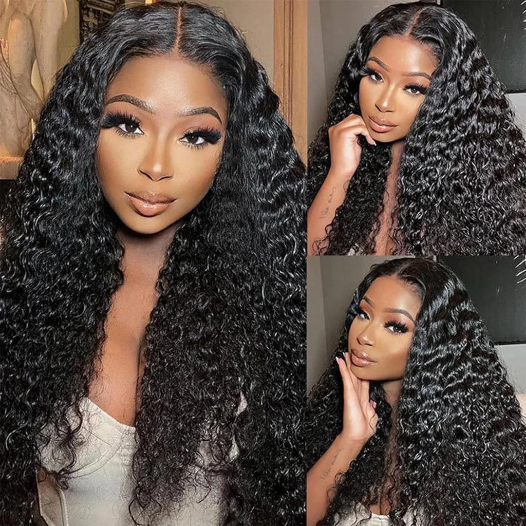Three views of a model wearing a long black deep wave wig with a center part and voluminous waves.