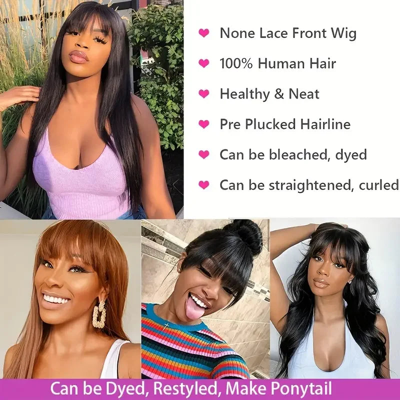 Four-photo styling collage showing a wig with bangs worn straight, dyed copper, in a high bun and with loose waves.