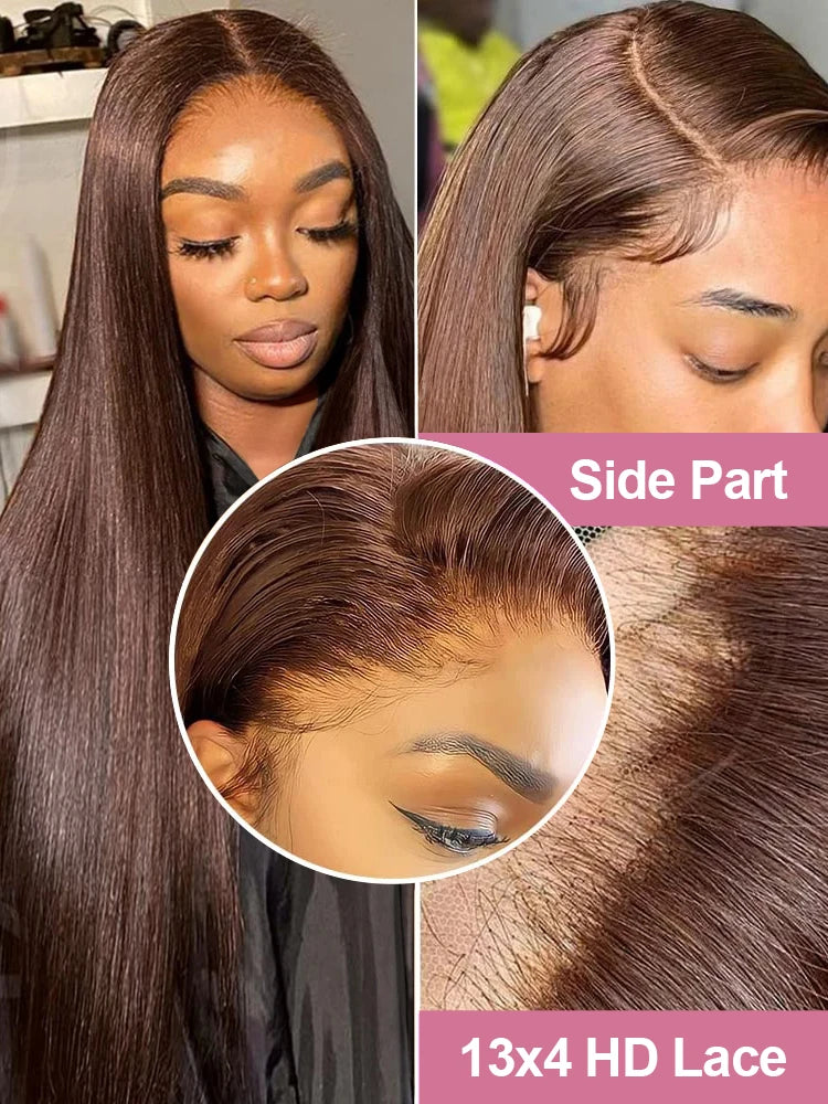 Chocolate brown straight wig on a model, with close-ups of the side part, lace-front hairline and styled baby hairs.