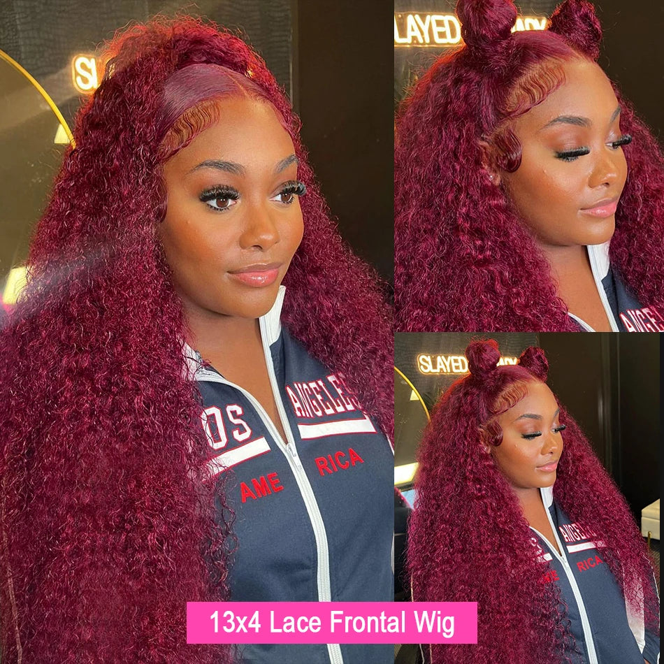 Collage of a burgundy curly wig styled with a half-up ponytail and two top buns, with baby hairs along the hairline.