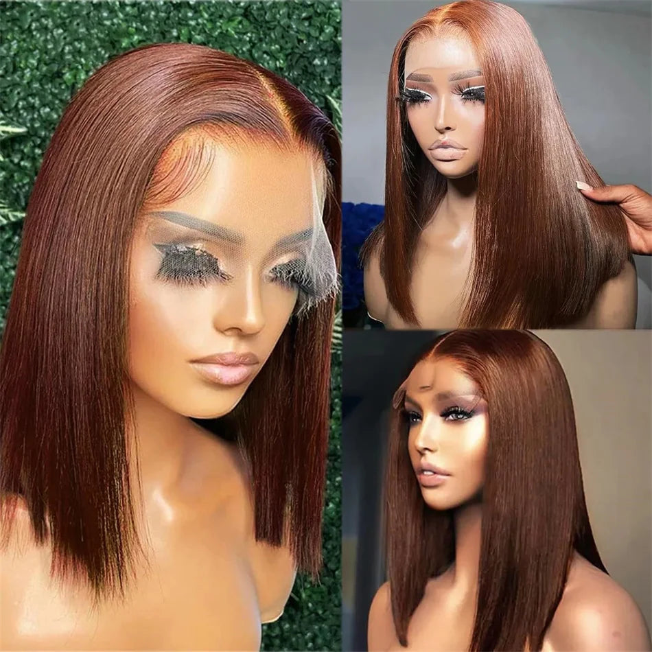 Collage of a straight chocolate brown bob wig on a mannequin, showing a center part, lace-front hairline and blunt-cut ends.
