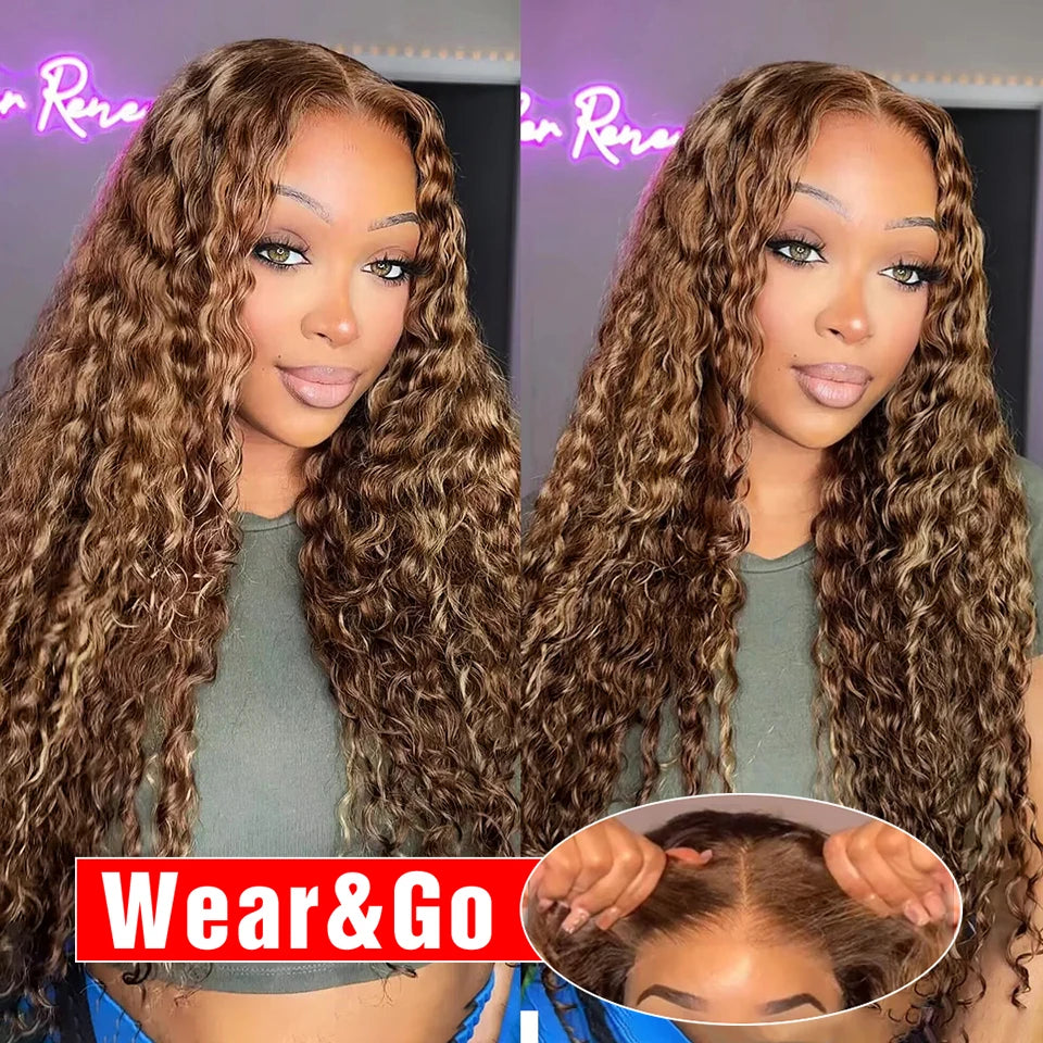 Two views of a model wearing a long brown deep wave wig with honey blonde highlights and a center part.