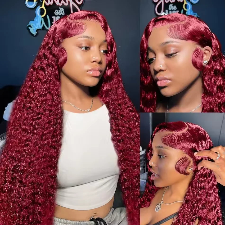 Front and side views of a long burgundy deep wave wig, showing a curved side part and sculpted baby hairs.