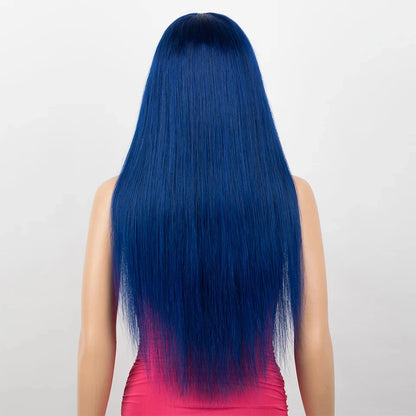 Straight Brazilian Human Hair Wig With Bangs - Royal Blue