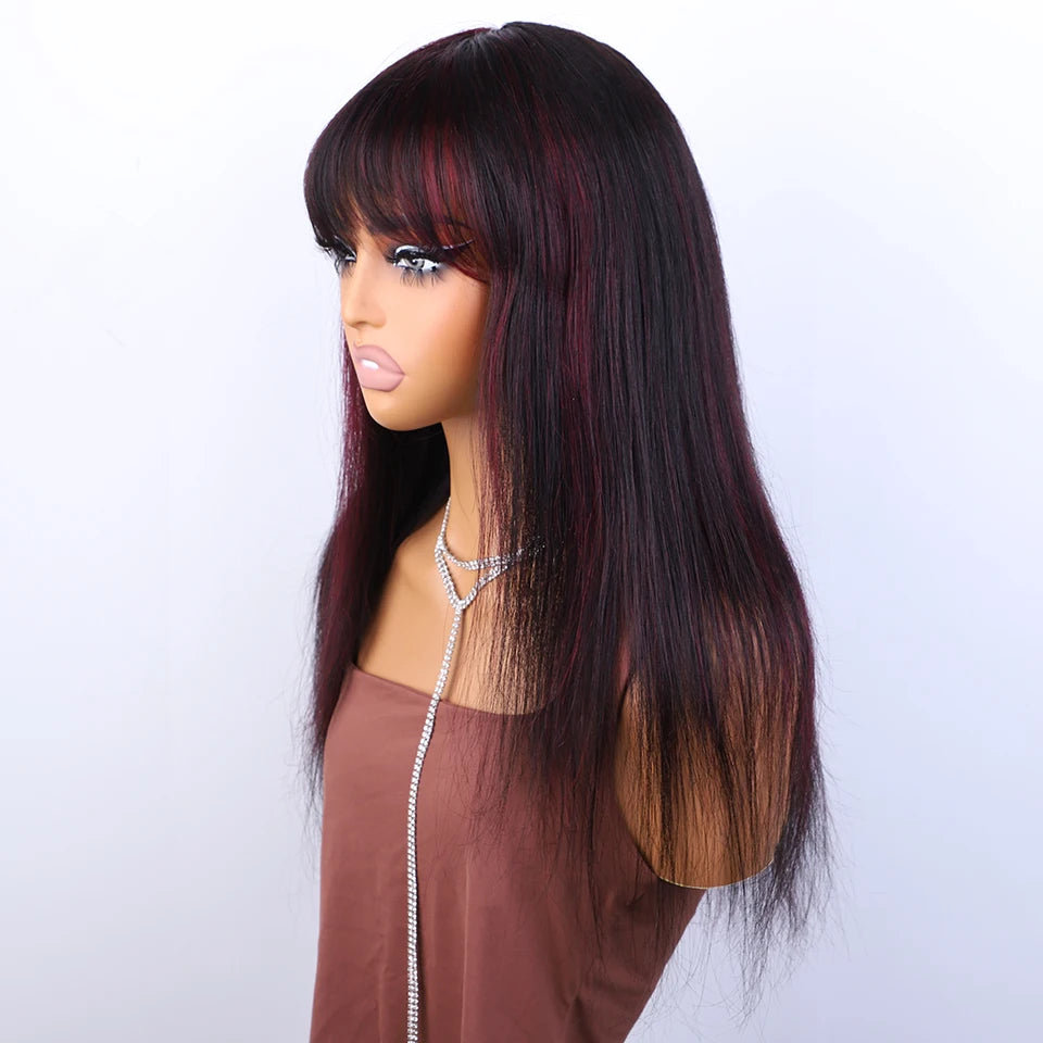 Side view of a black straight wig with burgundy highlights, showing full bangs and long, tapered ends.