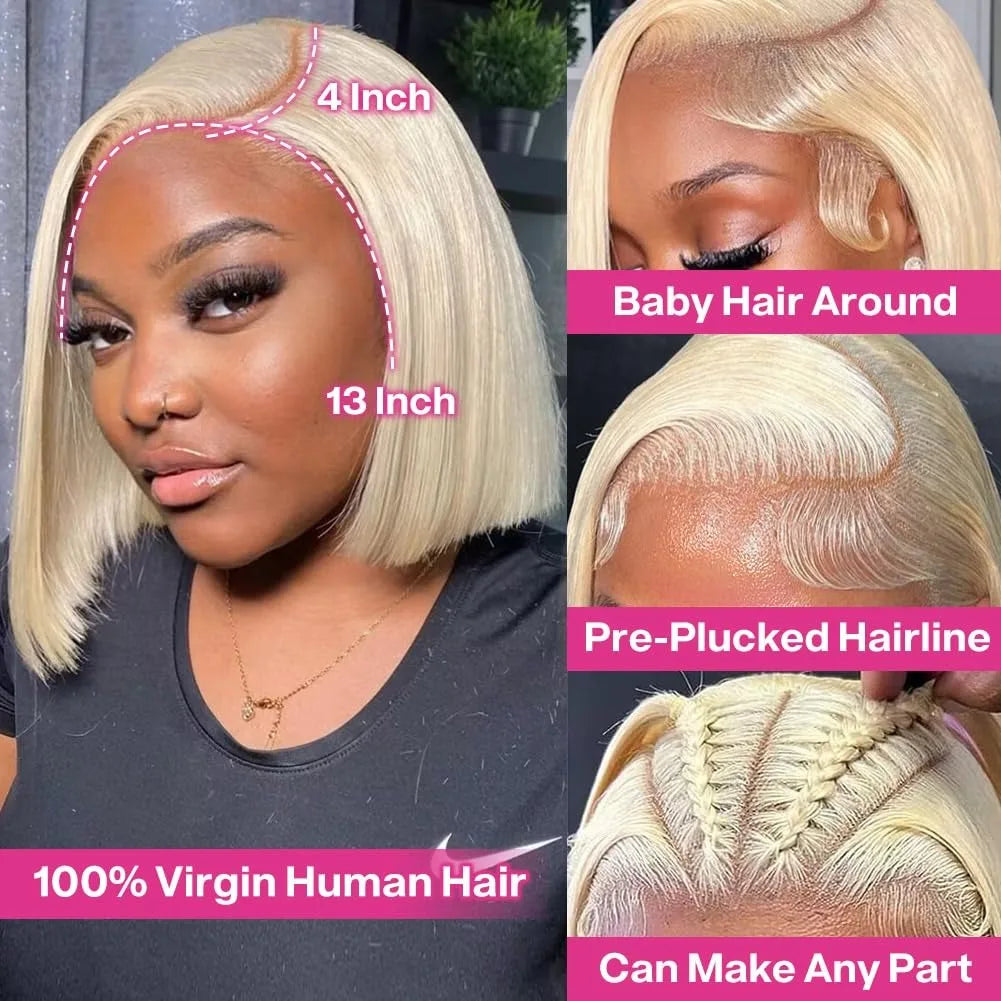 Blonde bob wig with 13-by-4-inch lace measurements and close-ups of styled baby hairs, the hairline and braided parting.