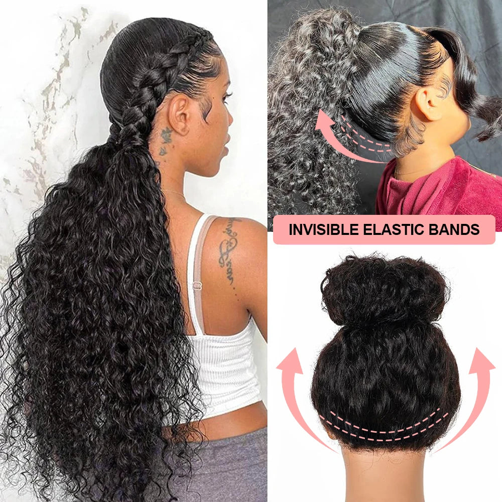 Black curly wig styled in a braided low ponytail, high ponytail and top bun, with markings indicating the elastic band position.