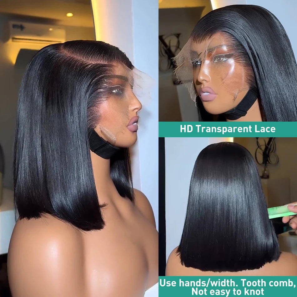 Side, front and back views of a black straight bob on a mannequin, showing untrimmed lace and blunt-cut ends.