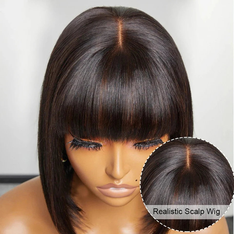 Black straight bob wig with full blunt bangs on a mannequin, with an inset close-up of the crown parting.