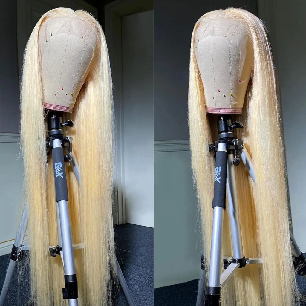 613 Bone Straight Wig on a mannequin  with a stand against a neutral background