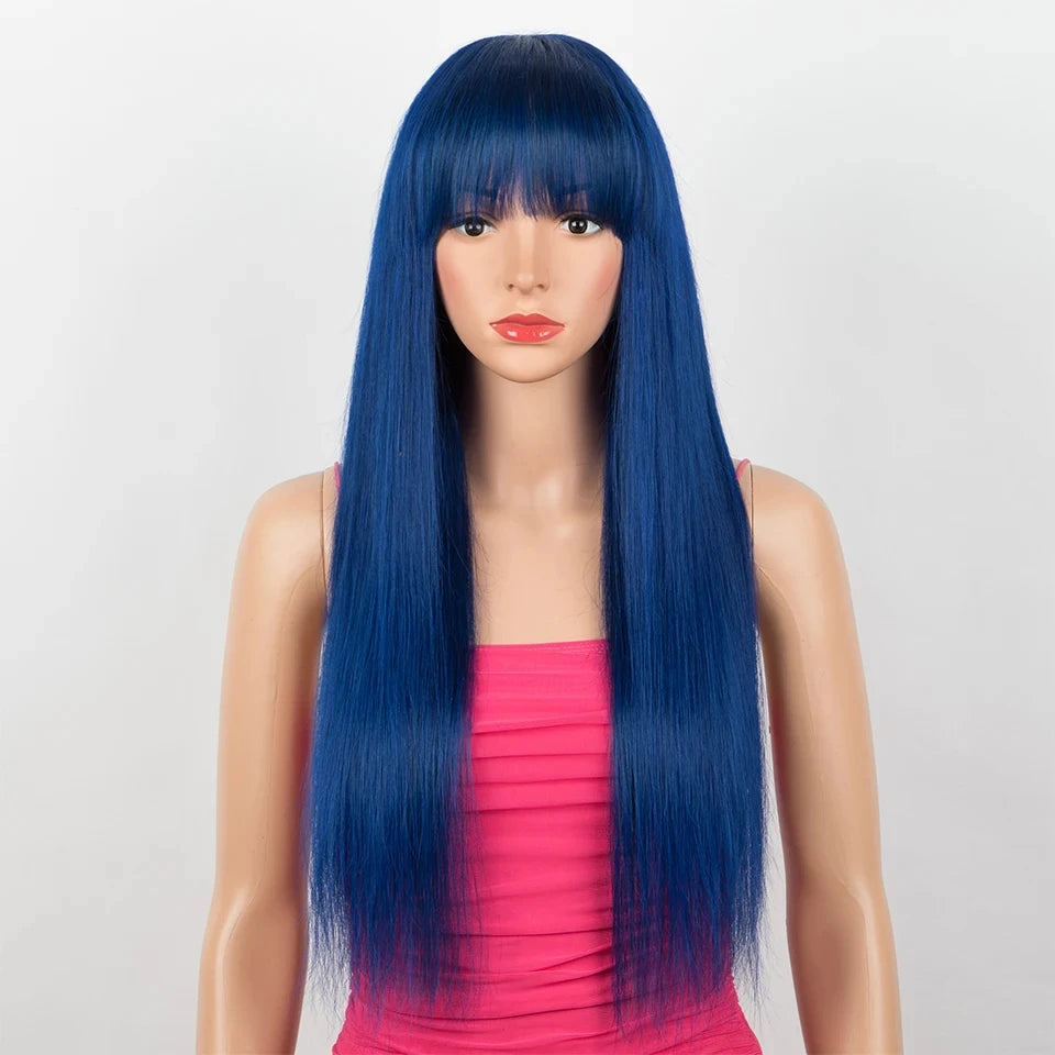 Straight Brazilian Human Hair Wig With Bangs - Royal Blue