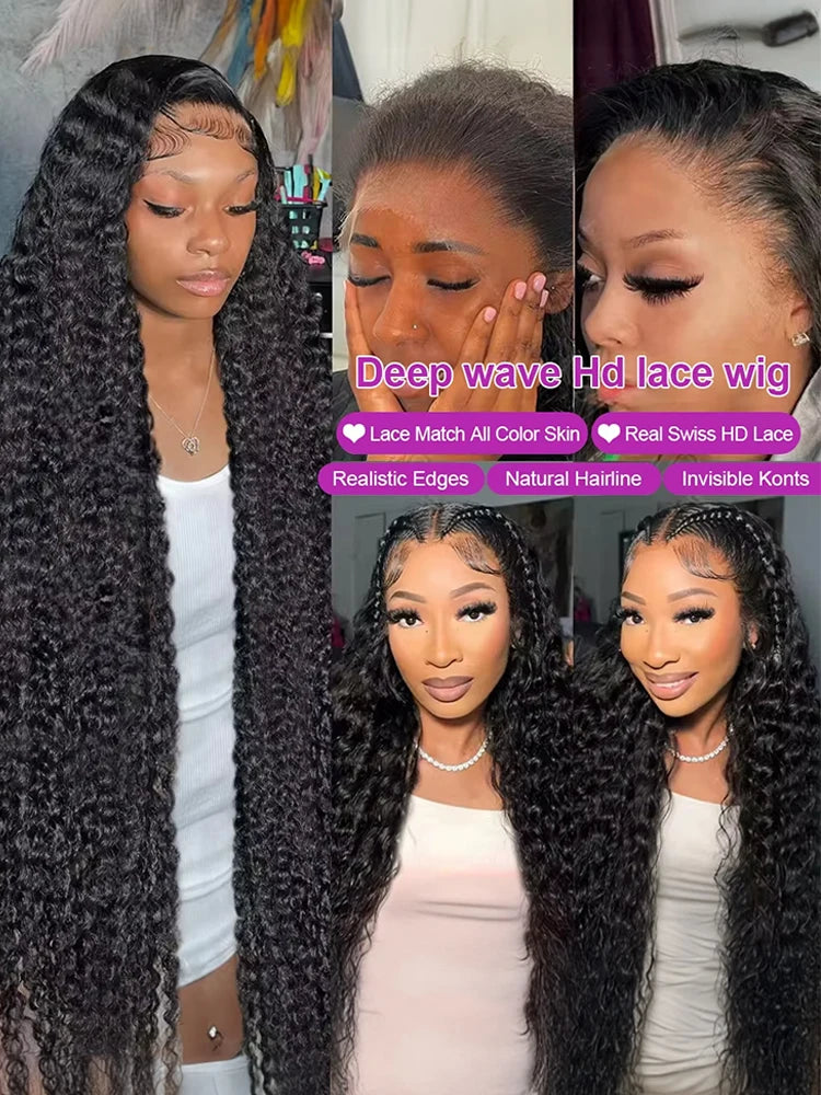 Models wearing long black deep wave lace-front wigs, with close-ups of the lace before and after styling.