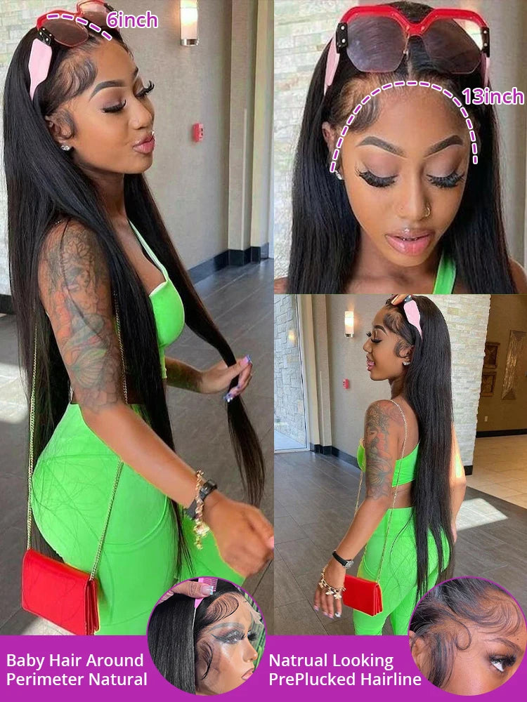 Front, side and back views of a long black straight wig, with 13-by-6-inch lace measurements and hairline close-ups.